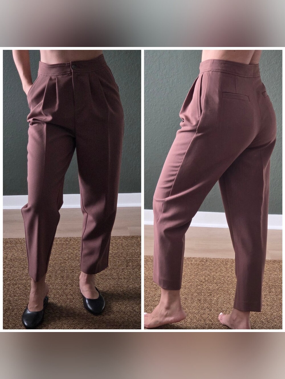 Toccin High Waist Tapered Trousers, Size Small, Brown, Wool Blend Work Pants